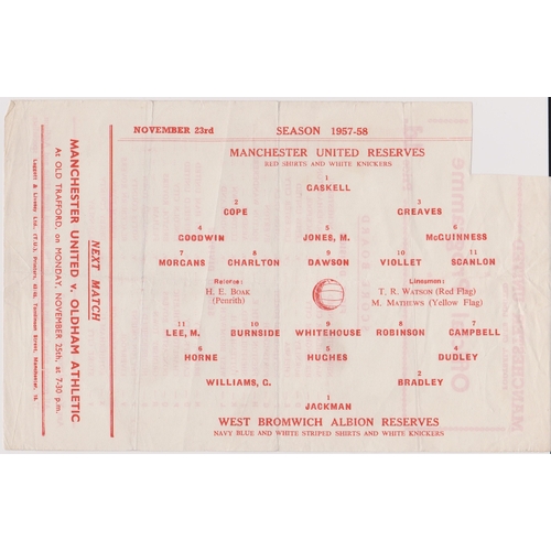 403 - Manchester United Reserves v West Bromwich Reserves, single sheet, creases, playing Charlton, Greeve... 