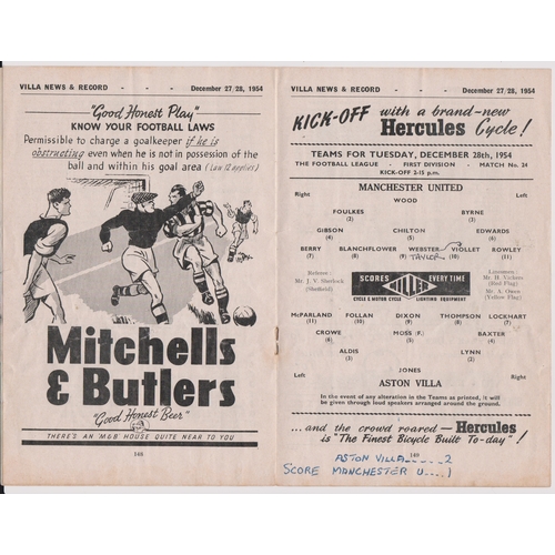 414 - Aston Villa Reserves v Manchester United Reserves 27th Dec 1954, Joint programmer with Aston Villa v... 