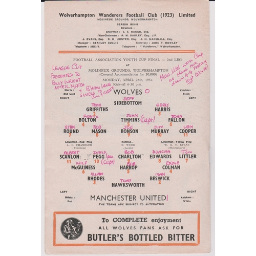 447 - Manchester United Youth Away 1953/4 v Wolves, Final 2nd Leg scarce, m/s dates on upper front corner ... 