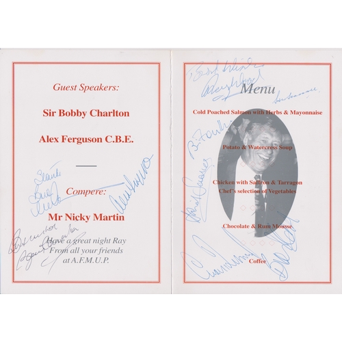 455 - Manchester United Sportsman's Evening menu in honour of Ray Wood signed by him and others including ... 