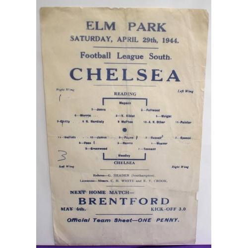 62 - Programme Rare Single sheet Reading v Chelsea Football League South at Elm Park 29th April 1944. Thi... 