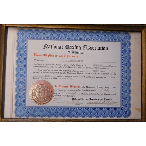 153 - Benny Lynch 1937 Scottish and World Flyweight Boxing Champion Framed Certificate issued by the Natio... 