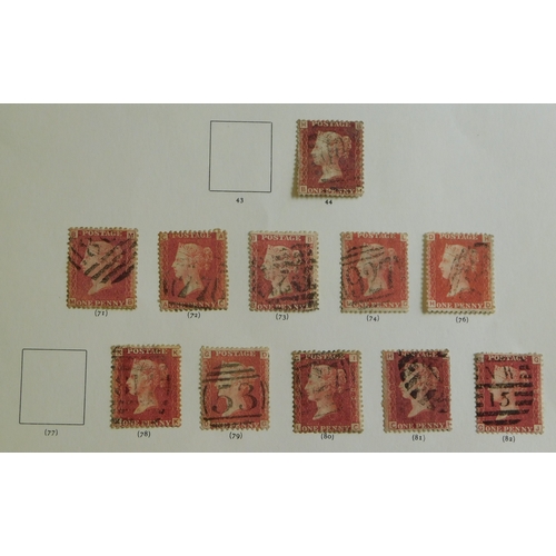 1052 - Great Britain 1864-79 SG 44 1d lake red used x67, all different plate nos mounted on seven album pag... 