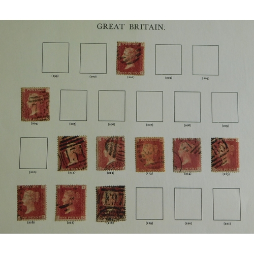 1052 - Great Britain 1864-79 SG 44 1d lake red used x67, all different plate nos mounted on seven album pag... 