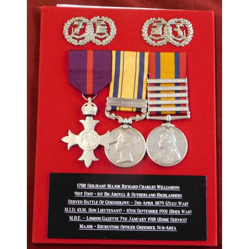 642 - British South Africa Medal Trio including MBE, South Africa Medal with 1879 clasp and Boer War Medal... 