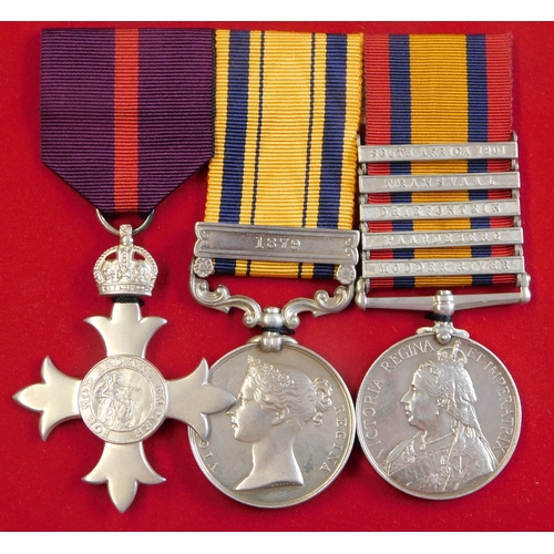 642 - British South Africa Medal Trio including MBE, South Africa Medal with 1879 clasp and Boer War Medal... 