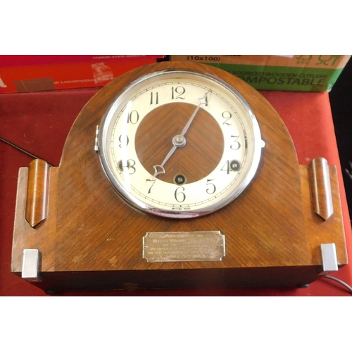 651 - British 1941 dated S. Davall & Sons Ltd., Enfield Chime mantel clock with silver placard on the fron... 