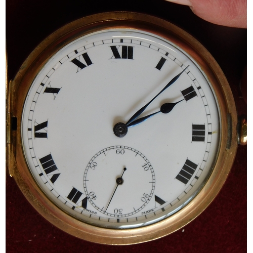 674 - Swiss gold plated lever hunter pocket watch, 15 jewel movement, hinged cuvette, within a plain Star ... 