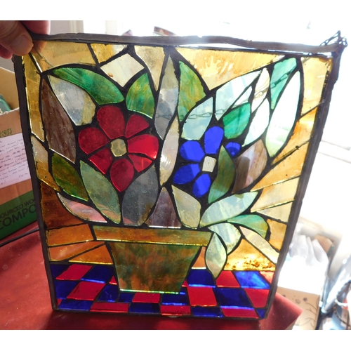 677 - Stained glass panels made by local artist Alan Heath, one with a flower arrangement, another with a ... 