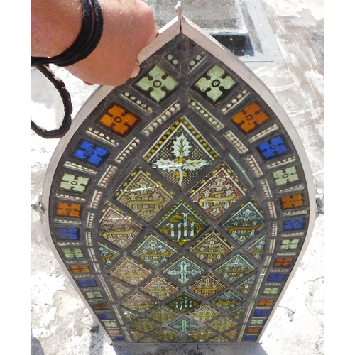 682 - Catholic 19th century stained glass church arch windows framed in aluminium for wall hanging, two wi... 