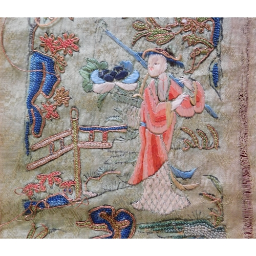 738 - Two small Chinese Jacquard silk panels, figurative hand worked embroidery with silk and metallic thr... 