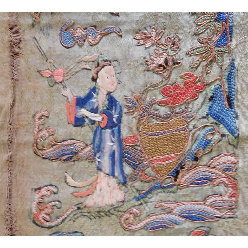 738 - Two small Chinese Jacquard silk panels, figurative hand worked embroidery with silk and metallic thr... 