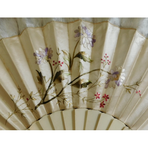 739 - Stunning early 1900s Chinese silk fan with hand embroided flowers and foliage with swans down the ed... 