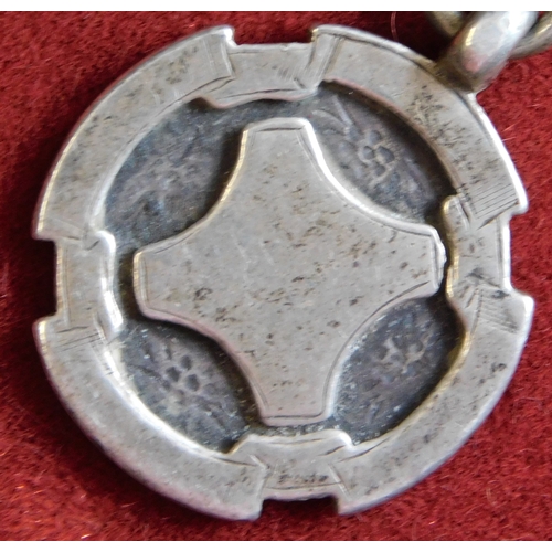 512 - Silver pocket watch chain, approx. 36grams. Hallmarked Birmingham 1923 with silver fob.