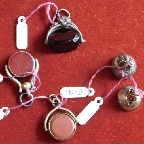 515 - Objects D'Art pocket watch chain fobs, five surmounted with semi precious stones