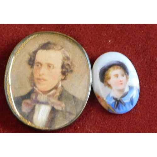 539 - Miniature 19th century Portraits and very attractive rural scene, two water colour on card with oval... 