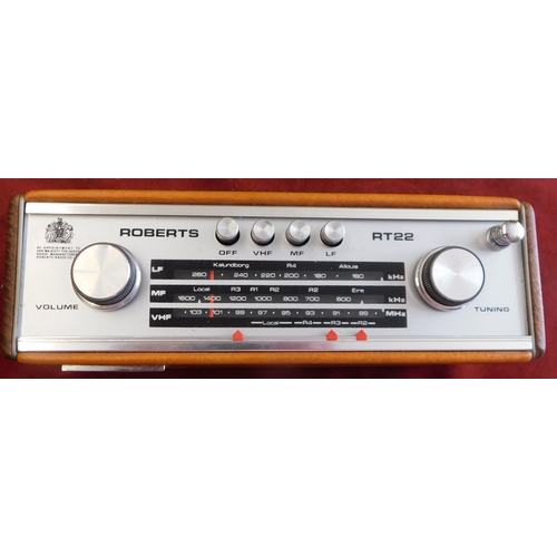 573 - Roberts RT22 AM/FM Transistor Radio, made in the 1970s with brown leather front and back with wood s... 