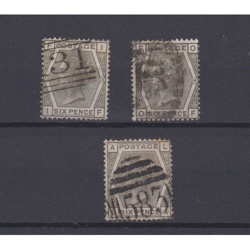 1054 - Great Britain 1873-80 SG 147 used 6d grey x3 plates 13, 14 and 16. Cat value £270