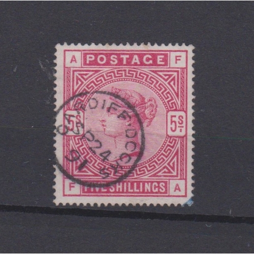 1059 - Great Britain 1883-84 SG 181 used 5s crimson. Single ring Cardiff docks cancel. Cat value £250