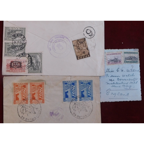 1129 - Greece 1936-49 Santorini picture post card and three envelopes posted airmail. Nice array of cancels... 