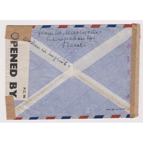 1311 - Switzerland 1943 airmail envelope posted to UK cancelled 7.5.43 Basel 2 on SG 405 50c stamp. Opened ... 