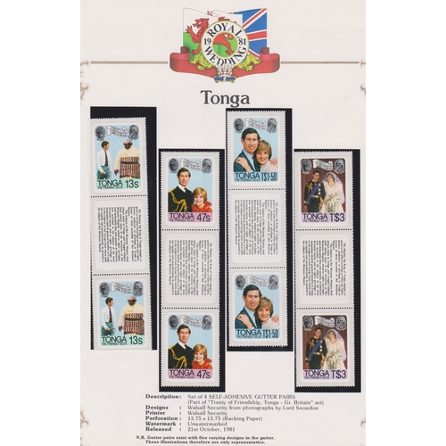 1374 - Tonga 1981 Royal Wedding SG 785-788 u/m self adhesive set, SG 785-788 u/m gutter pairs with label, S... 