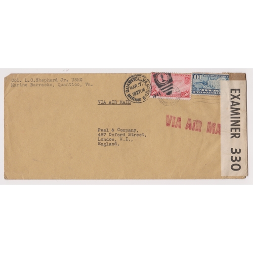 1446 - USA 1941 envelope posted air mail to London cancelled 7 March 1941 Quantico Marine Branch Combined c... 