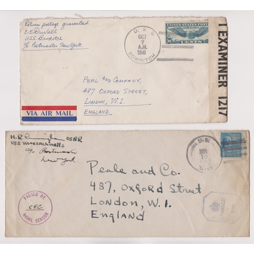 1451 - USA 1941-42 two US Naval related envelopes posted to London. 1) Cancelled 7.10.41USS Bowditch opened... 