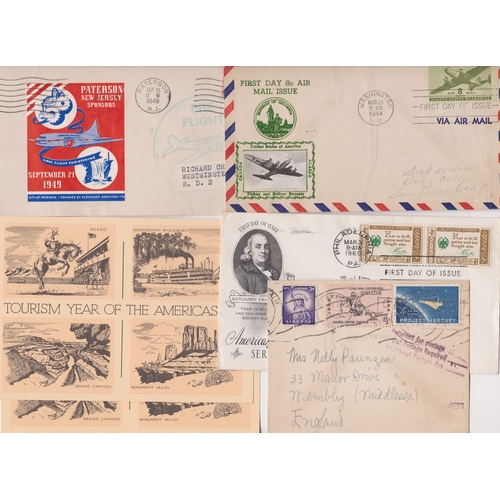 1453 - USA 1944-1982 4x envelopes includes 2x 1st flight and FDC plus two unused pre-paid illustrated postc... 