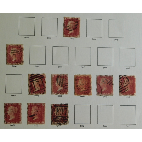 1052 - Great Britain 1864-79 SG 44 1d lake red used x67, all different plate nos mounted on seven album pag... 