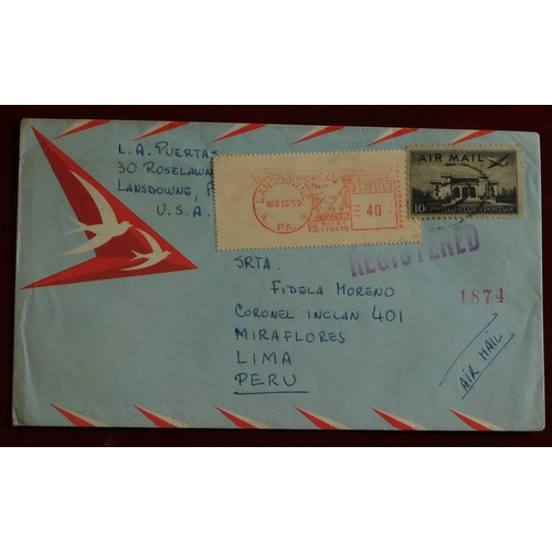 1463 - USA 1957 Airmail envelope posted registered to Lima Peru, cancelled with dumb stroke on SG A948 10c ... 