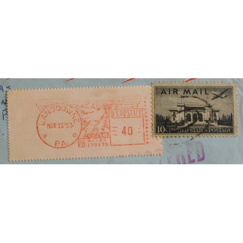 1463 - USA 1957 Airmail envelope posted registered to Lima Peru, cancelled with dumb stroke on SG A948 10c ... 