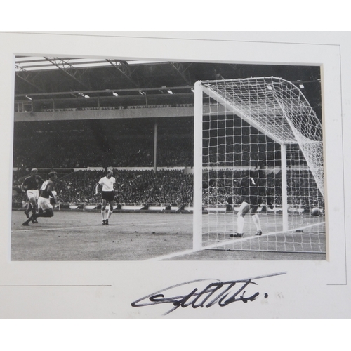 1 - World Cup Final 1966 The Hat-trick Goals (x3 photos) signed Geoff Hurst, framed. Approx 75 x 25cm.