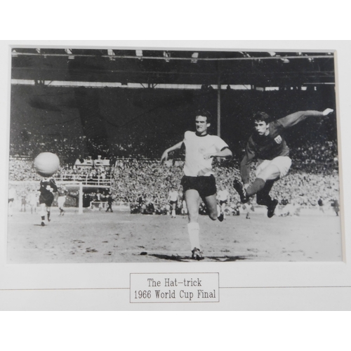 1 - World Cup Final 1966 The Hat-trick Goals (x3 photos) signed Geoff Hurst, framed. Approx 75 x 25cm.