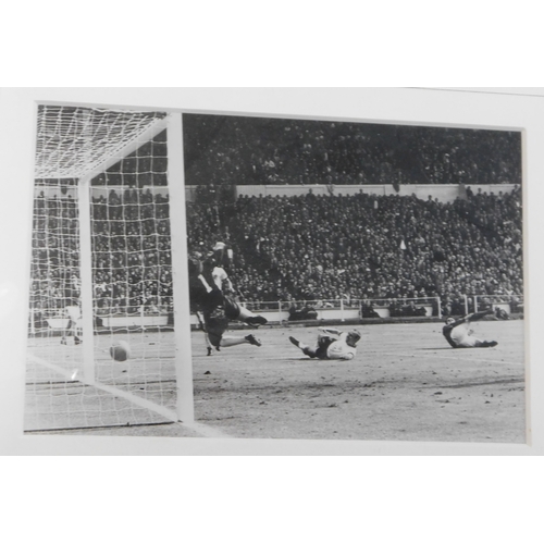 1 - World Cup Final 1966 The Hat-trick Goals (x3 photos) signed Geoff Hurst, framed. Approx 75 x 25cm.