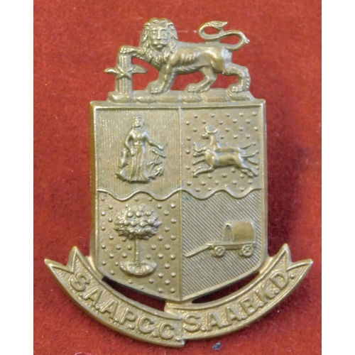 221 - South African Army Administrative Pay and Clerical Corps (SAAPCC SAABKD) Cap Badge, gilding metal