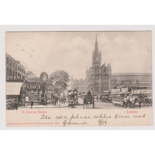 369 - Postcard - London - St Pancras Station. Very busy external view. Omnibuses, carriages, shops, plenty... 