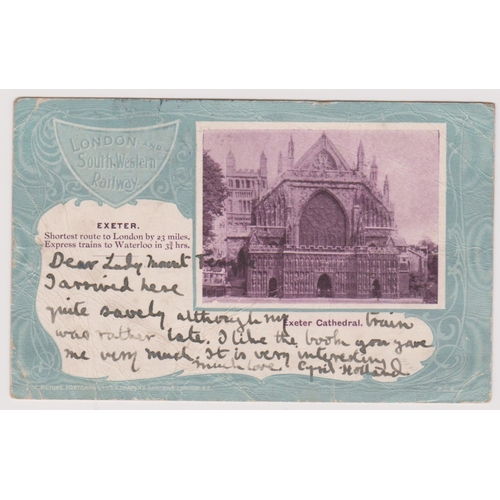 372 - Postcard - Exeter. London and South Western Railway postcard. Exeter Cathedral (Shortest route to Lo... 