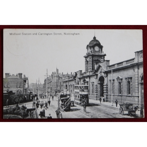 378 - Postcards - Nottingham Victoria Station (x3) and Midland Station and Carrington Street (x1). Two use... 