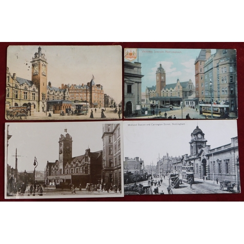 378 - Postcards - Nottingham Victoria Station (x3) and Midland Station and Carrington Street (x1). Two use... 