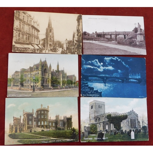 380 - Postcards - Nottingham (x6). St Peters Church, tram etc. used 1920. Wilford Bridge used 1913. Univer... 