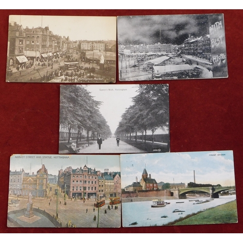 381 - Postcards - Nottingham (x5). The Market (snow) used 1903. Queens Walk used 1918, Trent Bridge used 1... 