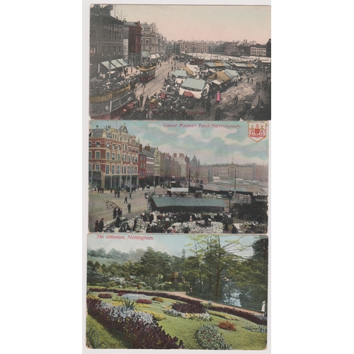 386 - Postcards - Nottingham (x3). Great Market, early coloured, used 1903 and 1907. The Arboretum, Nottin... 