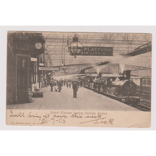 390 - Postcard - Railway. Scotch Express leaving Carlisle Station. Interior, platform, much activity, stea... 