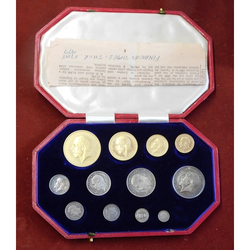 502 - Great Britian 1911 Gold Coronation set including £5 to Maundy Penny (12 coins), in Royal Mint red bo... 