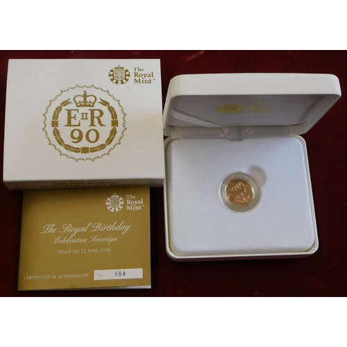 505 - Great Britian Gold 2016 Sovereign - The 90th Birthday of Her Majesty The Queen, BUNC in Royal Mint B... 