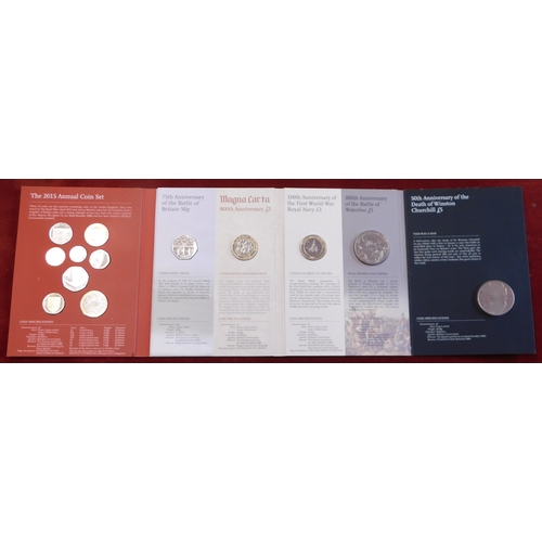 507 - Great Britain 2015 Royal Mail Annual Coin set in Royal Mint folder, Churchill £5, Waterloo £5, WW! R... 