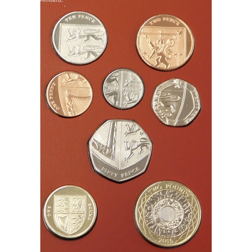 507 - Great Britain 2015 Royal Mail Annual Coin set in Royal Mint folder, Churchill £5, Waterloo £5, WW! R... 