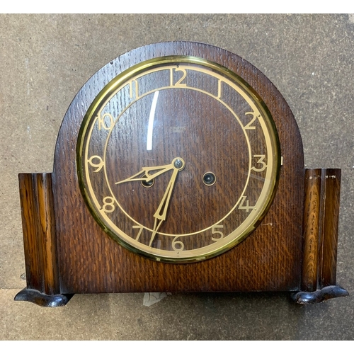 57 - British Made 1940s Smiths English Clocks Ltd. Art Deco Enfield chime mantel clock with oak body and ... 