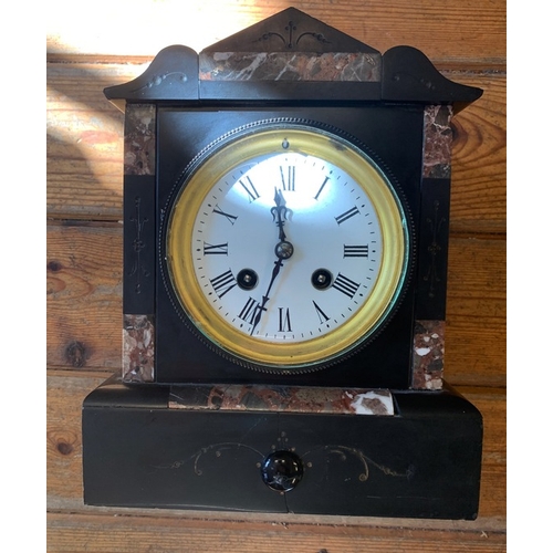 64 - French Marble Chiming Mantel Clock. Made in the 1880s. Contrasting slate and marble case and perfect... 